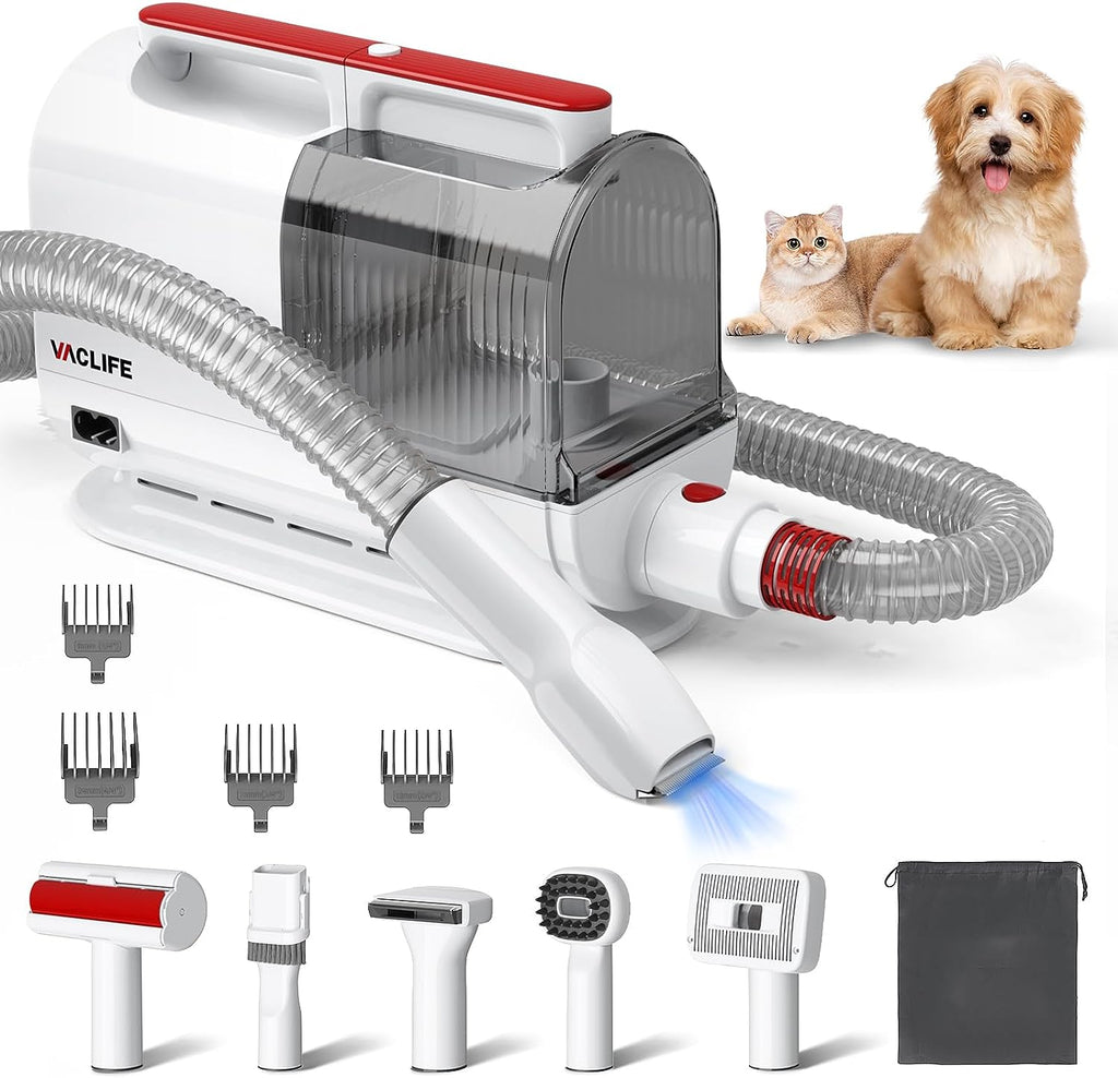 Pet Hair Vacuum for Shedding and Grooming with Dog Clipper - Complete Dog Grooming Kit for Dogs - Low-Noise - White and Red