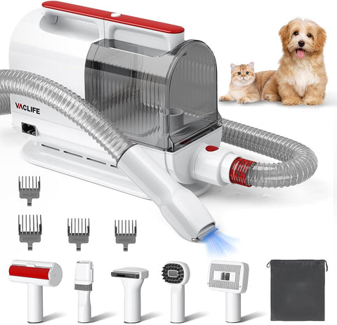 Pet Hair Vacuum for Shedding and Grooming with Dog Clipper - Complete Dog Grooming Kit for Dogs - Low-Noise - White and Red
